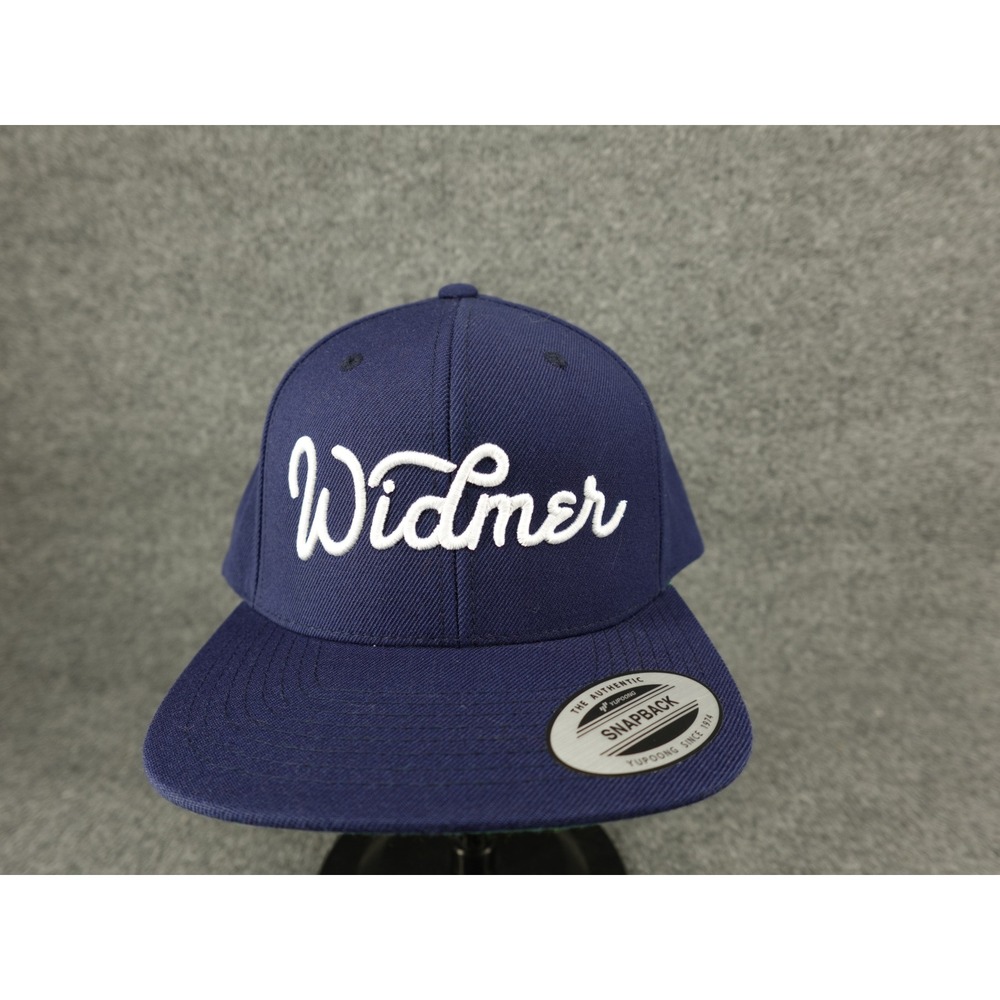 Yupoong The Classics Widmer Script Snapback Hat Navy Blue Wool Blend Flat Bill